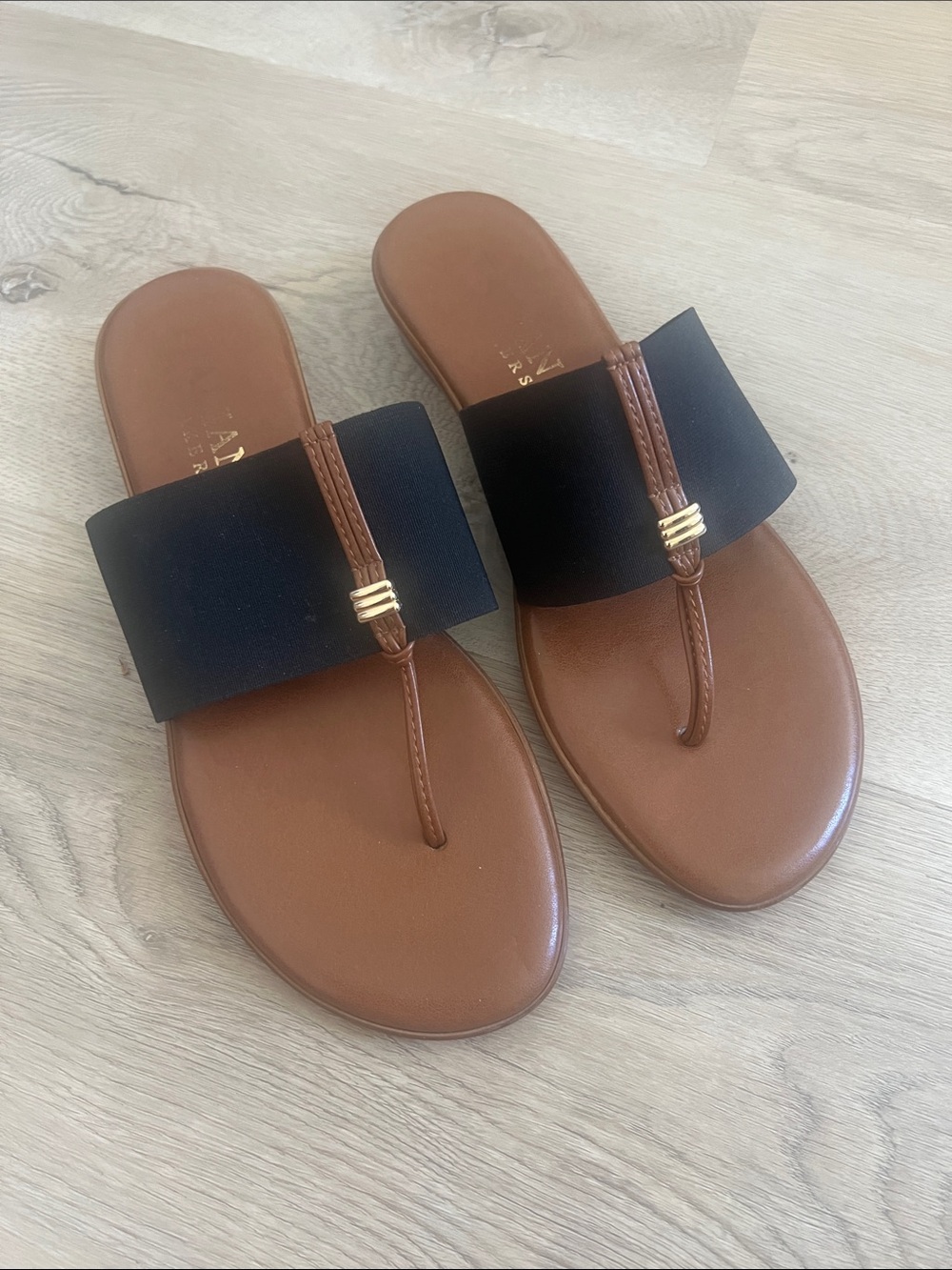 Alannah Hill Brown Footbed Black Strap Slide Sandals with Gold Accent